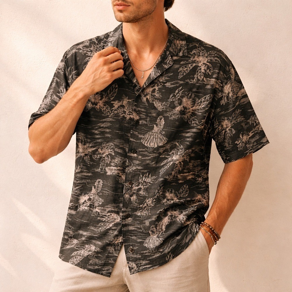 Brigata 100% Silk Hawaiian Hula Tropical Camp‎ Collar Shirt Black Gray Size XL